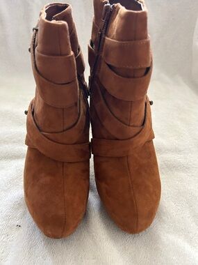 Women's Brown Suede Ankle Booties with Layered Strap Detail